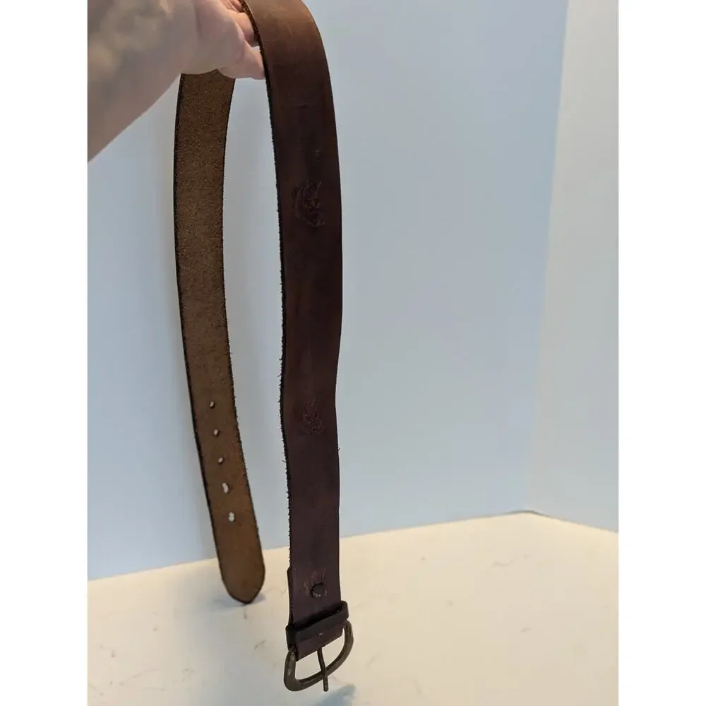 Men's Brown Leather Belt 36 Solid Brass Buckle Fish Embossed